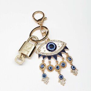 Authentic Louis Vuitton Gold Lock & Key 🔑 Bag Charm w/ Unbranded Evil Eye Charm